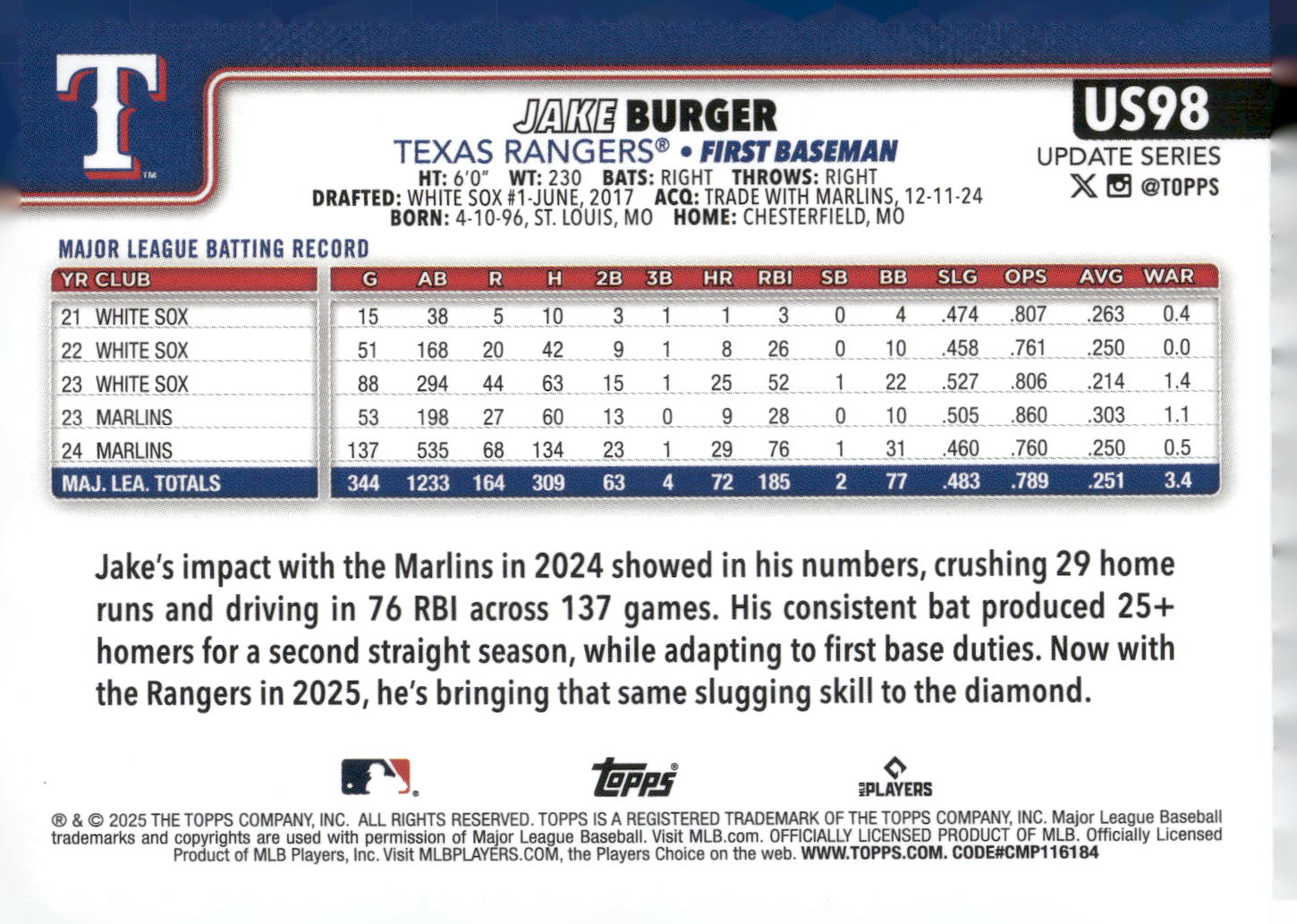 2025 Topps Update #US98 Jake Burger