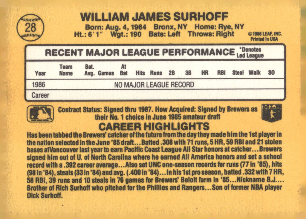 1987 Donruss #28 B.J. Surhoff