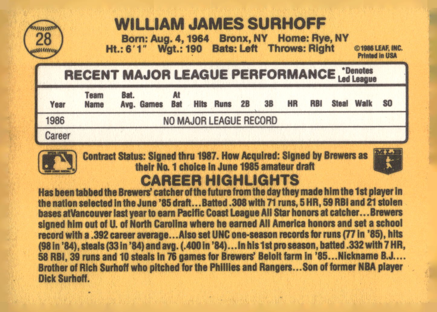 1987 Donruss #28 B.J. Surhoff