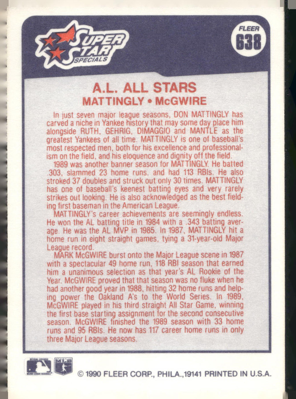 1990 Fleer #638 A.L. All-Stars (Don Mattingly / Mark McGwire)