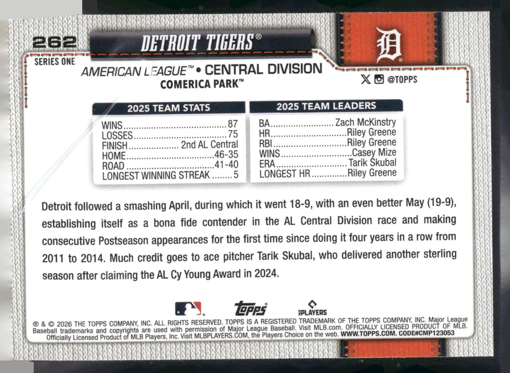 2026 Topps #262 Detroit Tigers