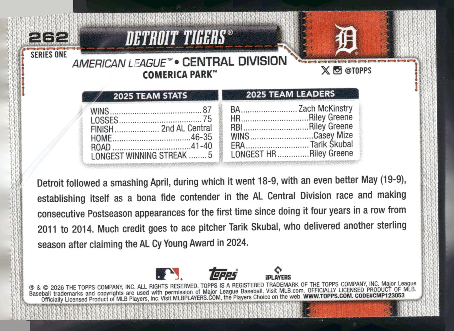 2026 Topps #262 Detroit Tigers