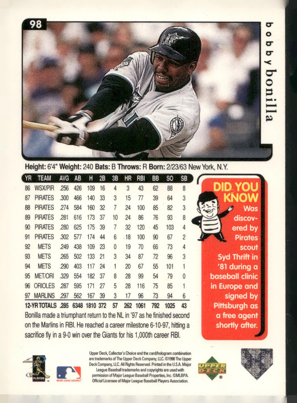 1998 Collector's Choice #98 Bobby Bonilla