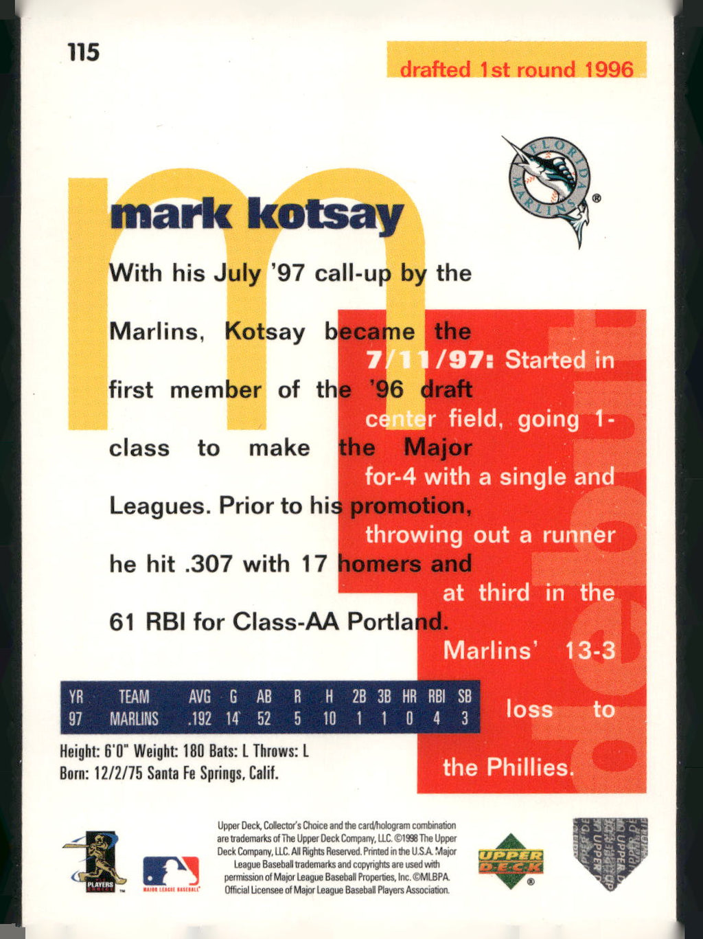 1998 Collector's Choice #115 Mark Kotsay
