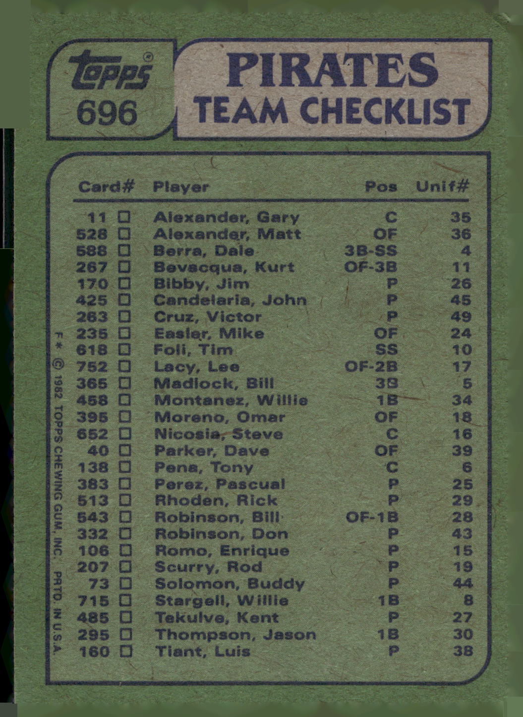 1982 Topps #696 Pirates Leaders (Bill Madlock / Buddy Solomon) TL, CL
