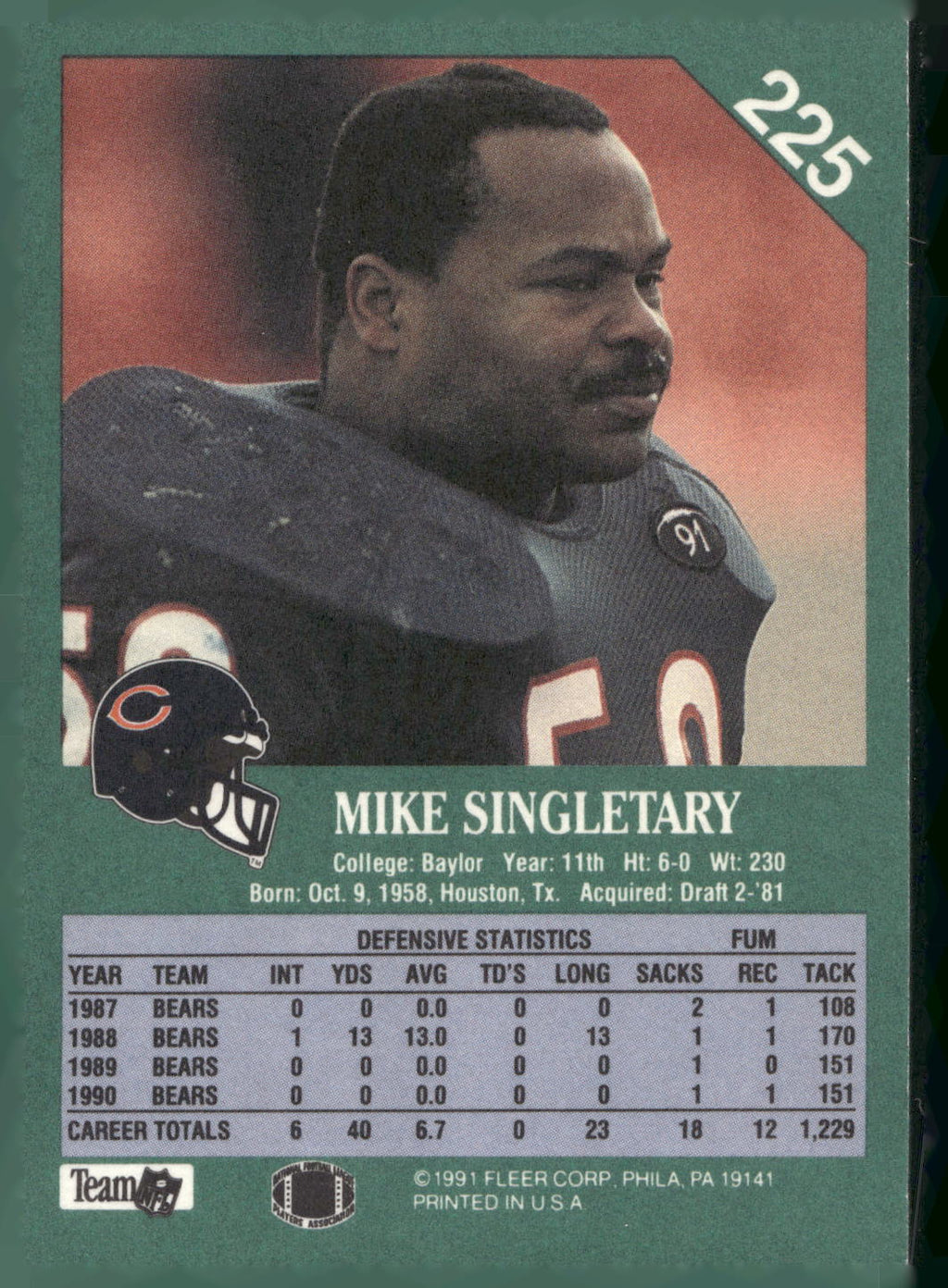 1991 Fleer #225 Mike Singletary