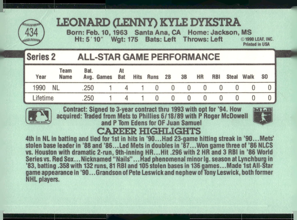 1991 Donruss #434 Len Dykstra