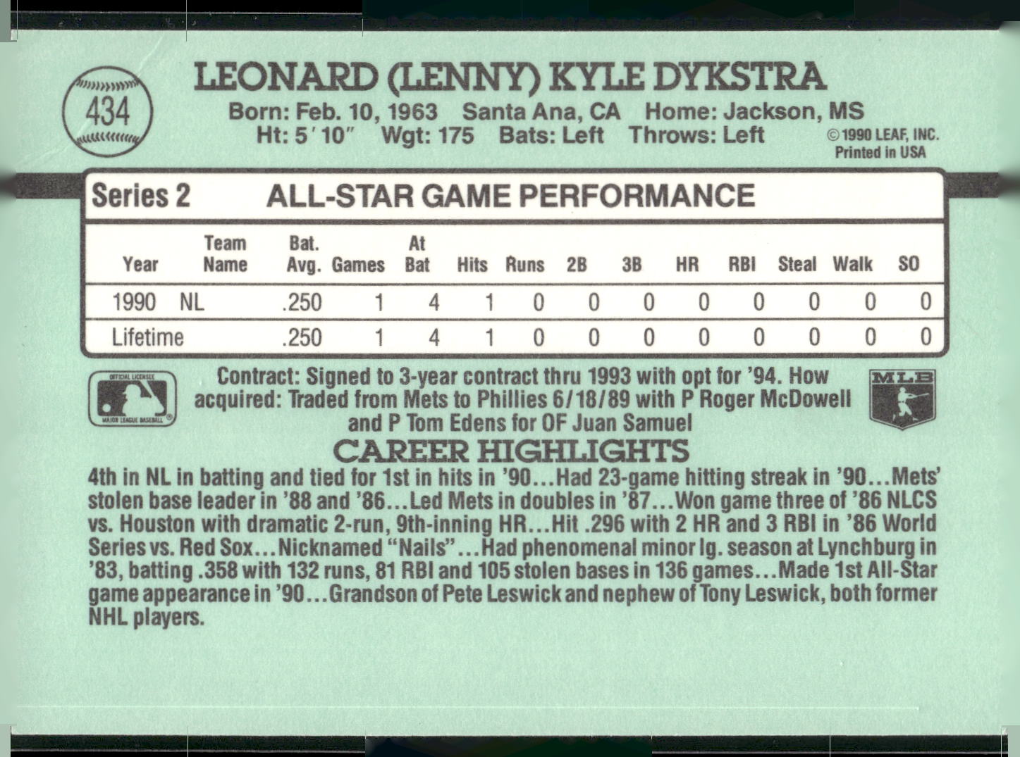 1991 Donruss #434 Len Dykstra