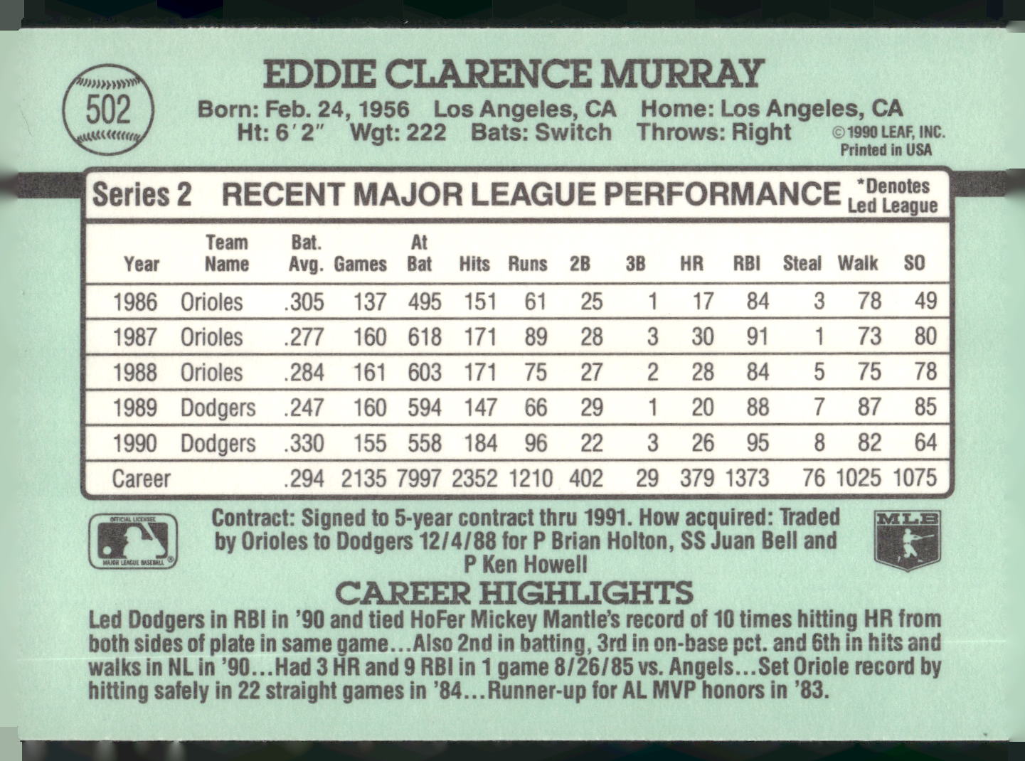 1991 Donruss #502 Eddie Murray