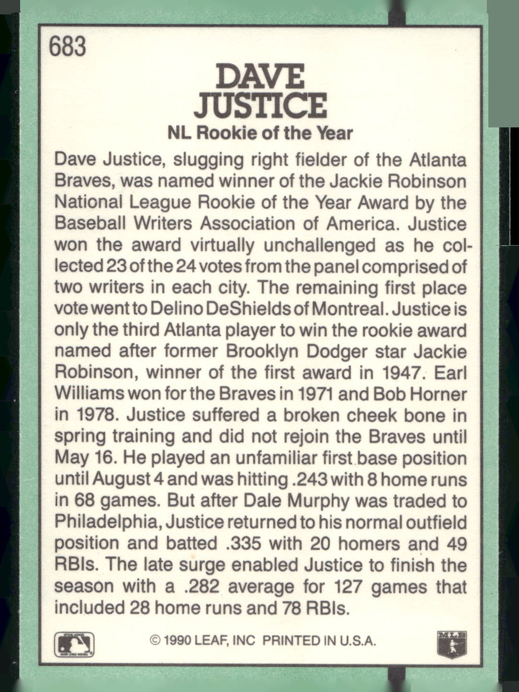 1991 Donruss #683 Dave Justice
