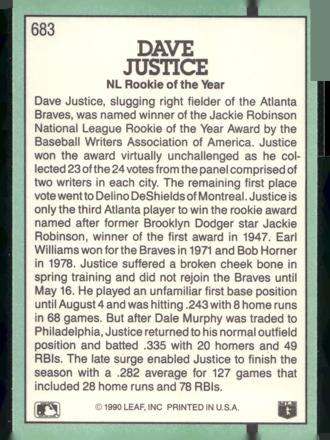 1991 Donruss #683 Dave Justice