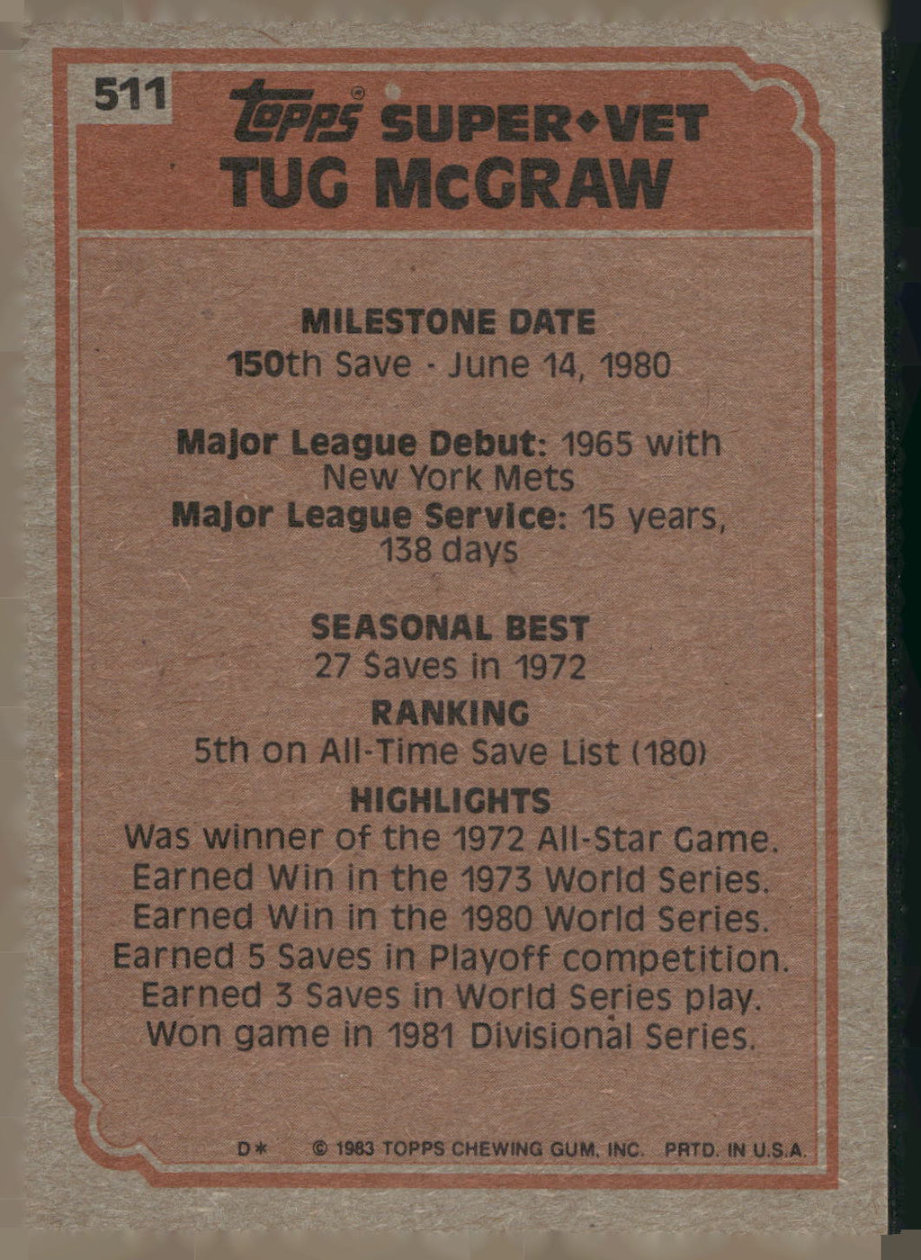 1983 Topps #511 Tug McGraw