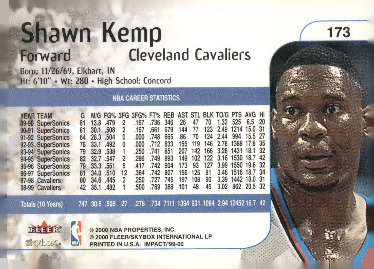 1999-00 SkyBox Impact #173 Shawn Kemp