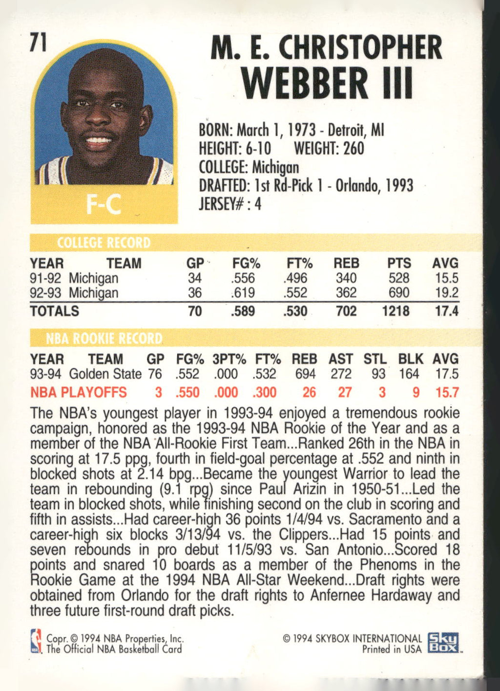 1994-95 Hoops #71 Chris Webber