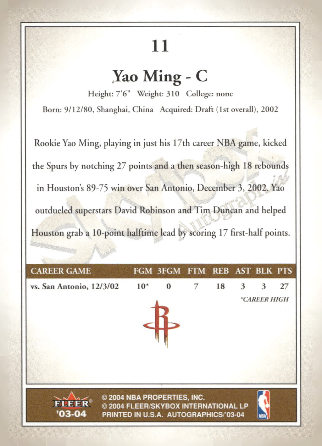 2003-04 SkyBox Autographics #11 Yao Ming