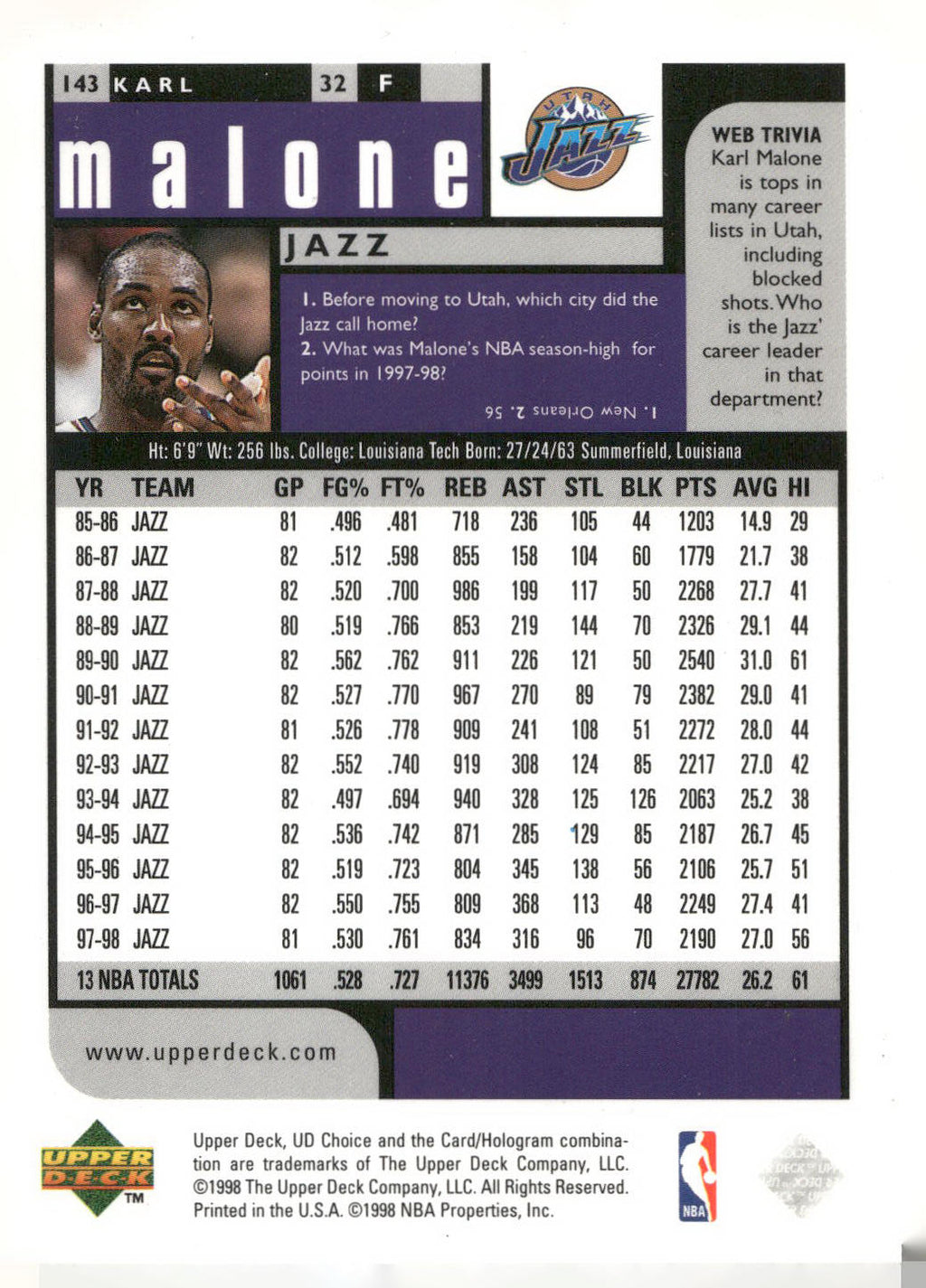 1998-99 UD Choice #143 Karl Malone