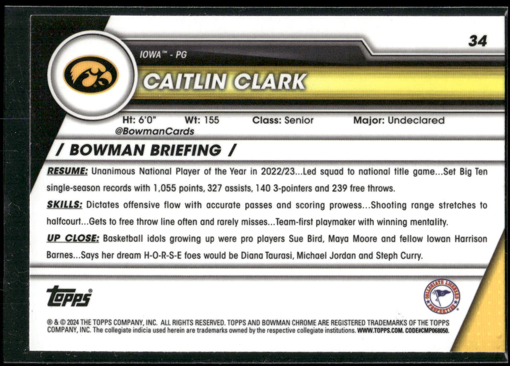 2023-24 Bowman University Chrome #34 Caitlin Clark