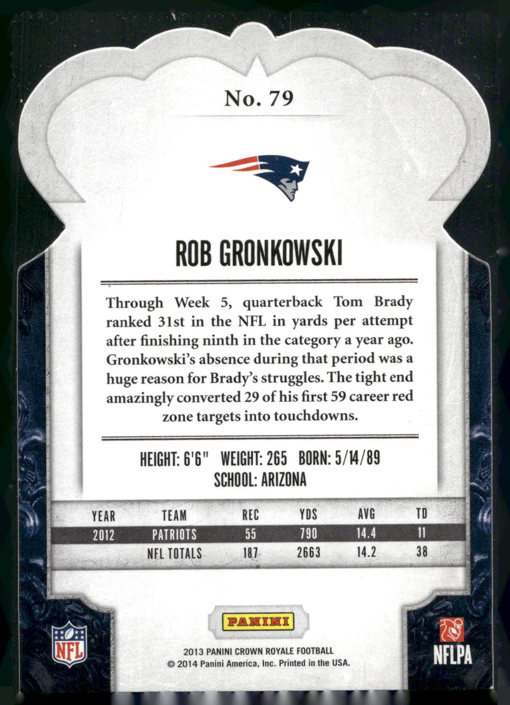 2013 Panini Crown Royale #79 Rob Gronkowski Bronze (Die Cut Crown)