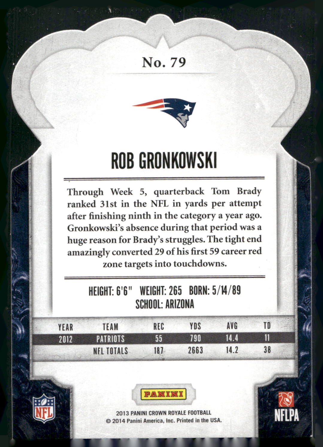 2013 Panini Crown Royale #79 Rob Gronkowski Bronze (Die Cut Crown)