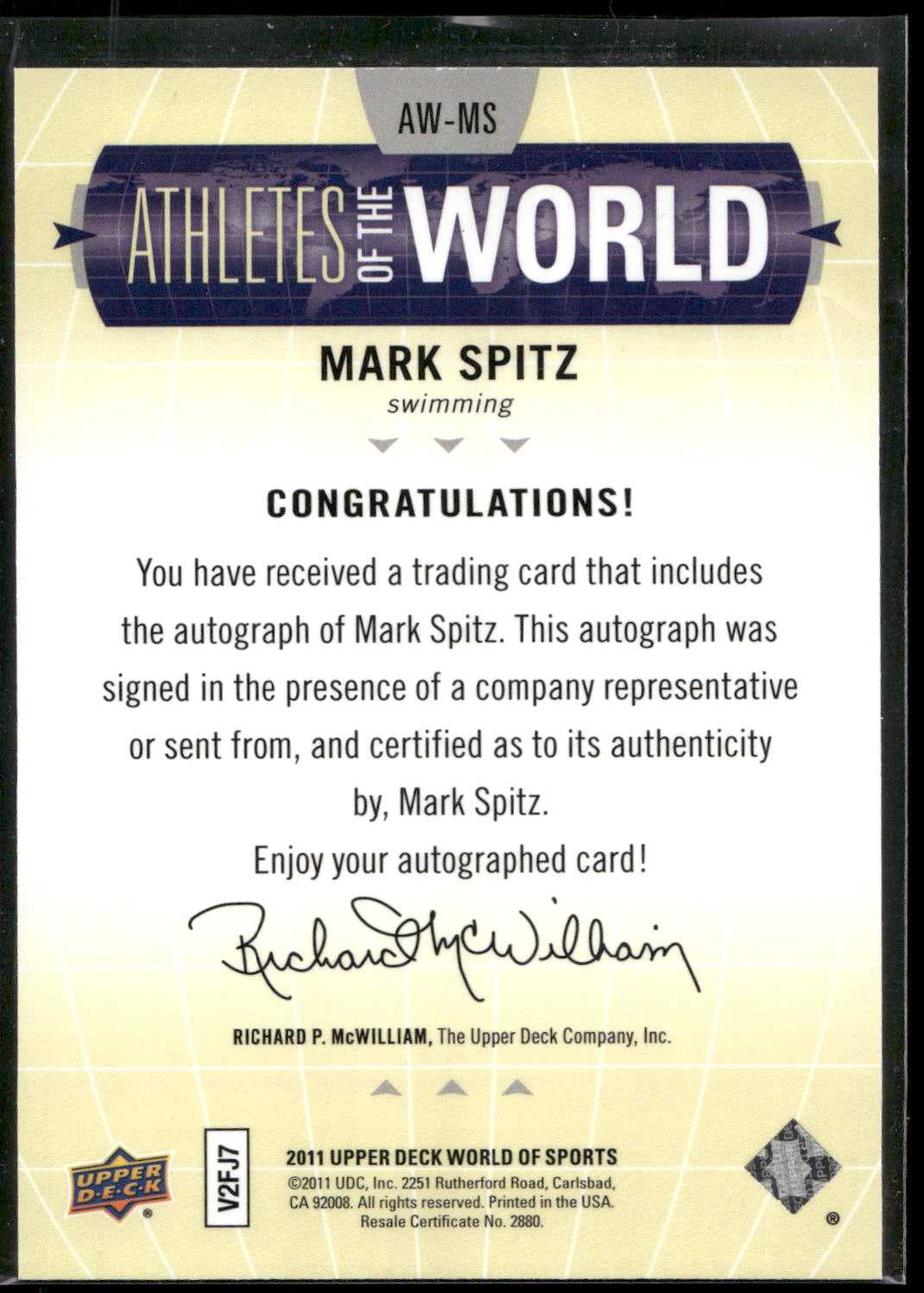 2011 Upper Deck World of Sports #AW-MS Mark Spitz Athletes of the World Auto