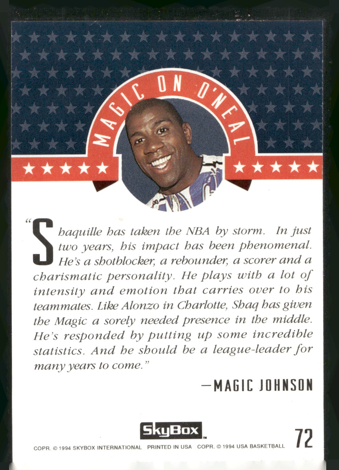 1994 SkyBox USA #72 Shaquille O'Neal