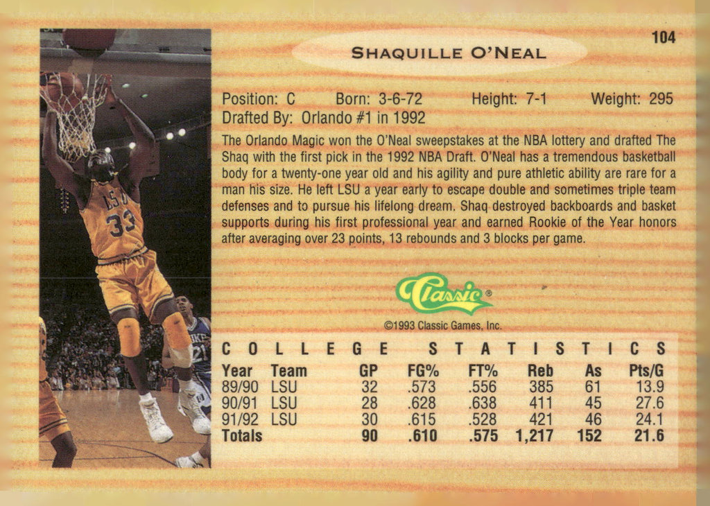 1993 Classic Draft Picks #104 Shaquille O'Neal