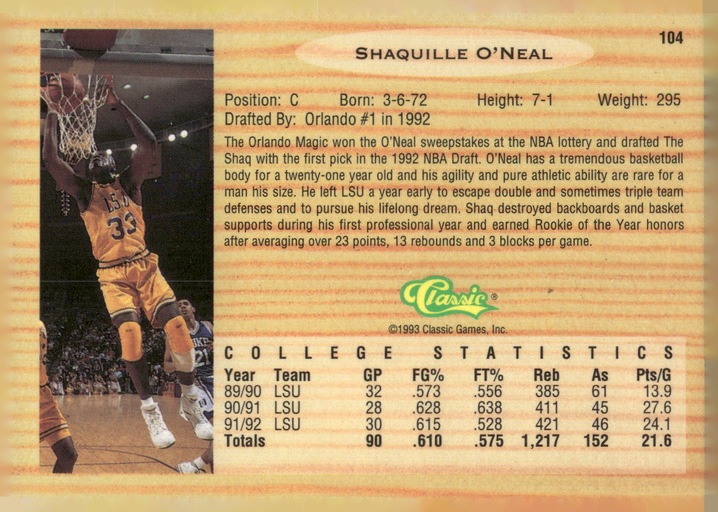 1993 Classic Draft Picks #104 Shaquille O'Neal