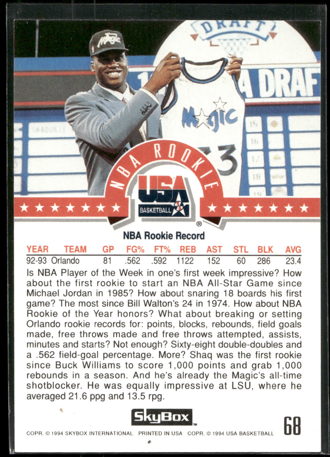 1994 SkyBox USA #68 Shaquille O'Neal