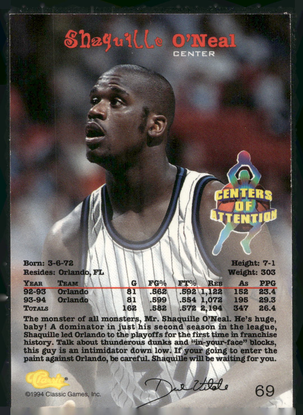 1994 Classic Draft #69 Shaquille O'Neal