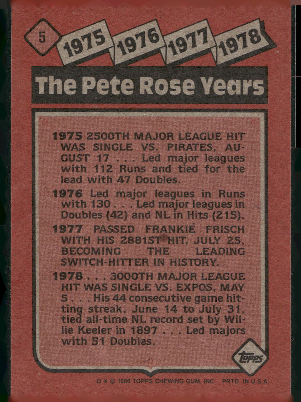 1986 Topps #5 The Pete Rose Years: 1975-1978 TPRY