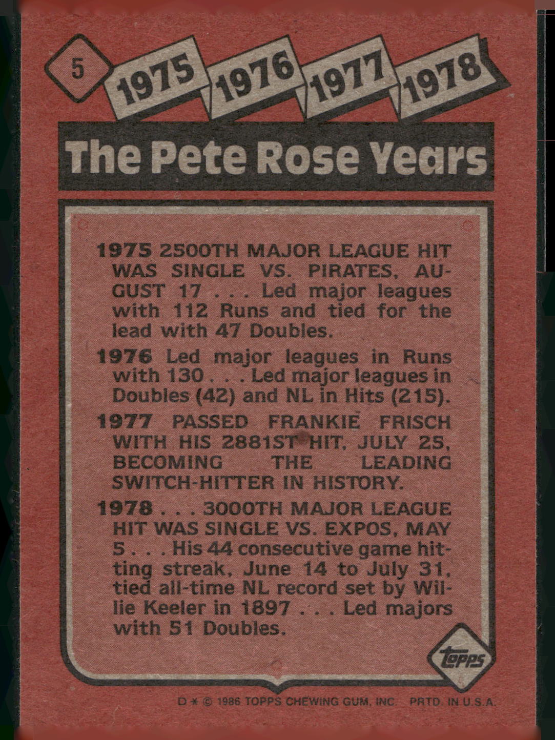 1986 Topps #5 The Pete Rose Years: 1975-1978 TPRY