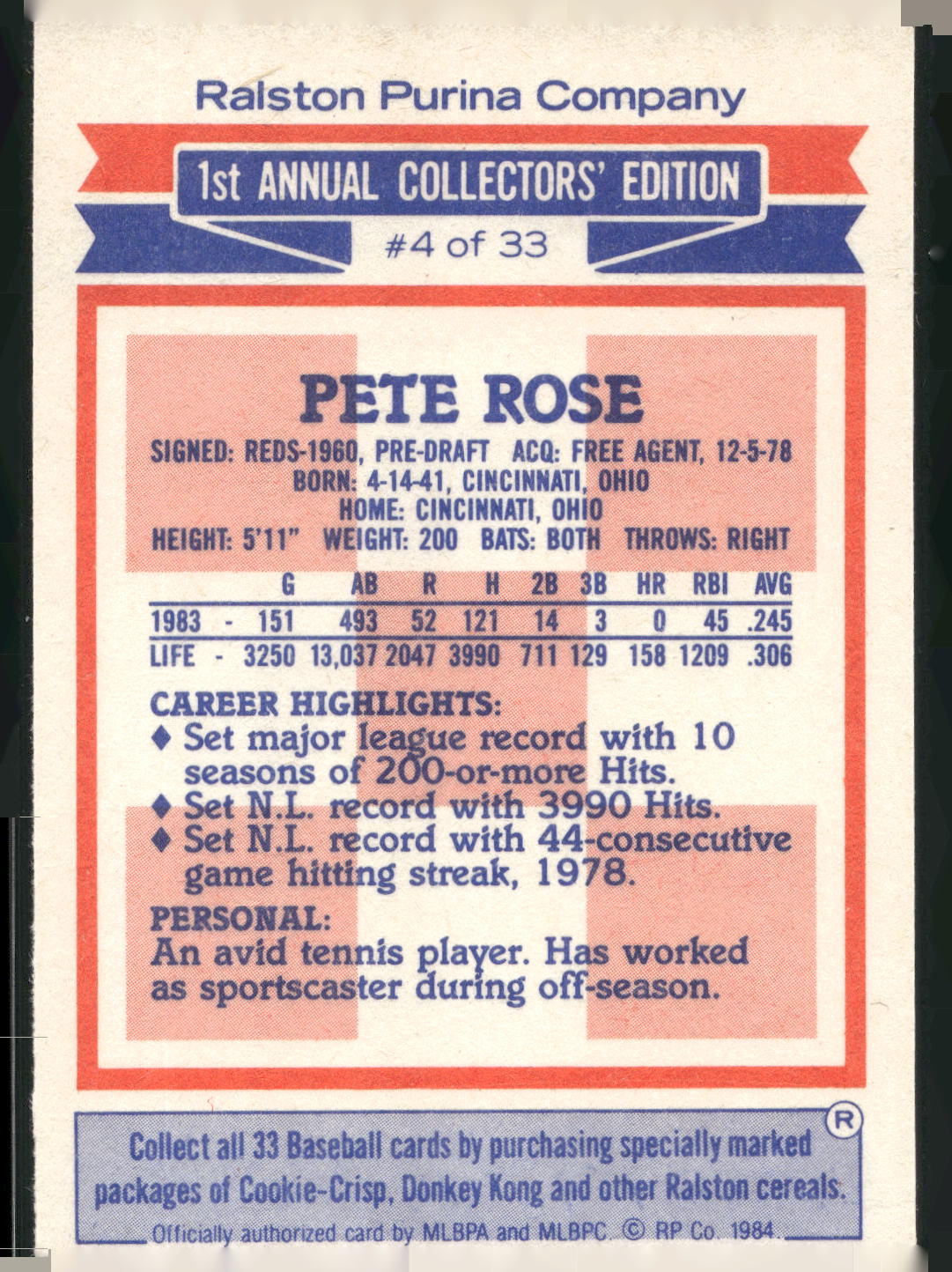 1984 Topps Ralston Purina #4 Pete Rose