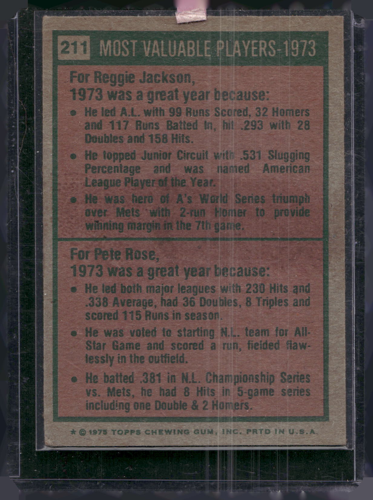 1975 Topps #211 1973 MVPs (Reggie Jackson / Pete Rose)