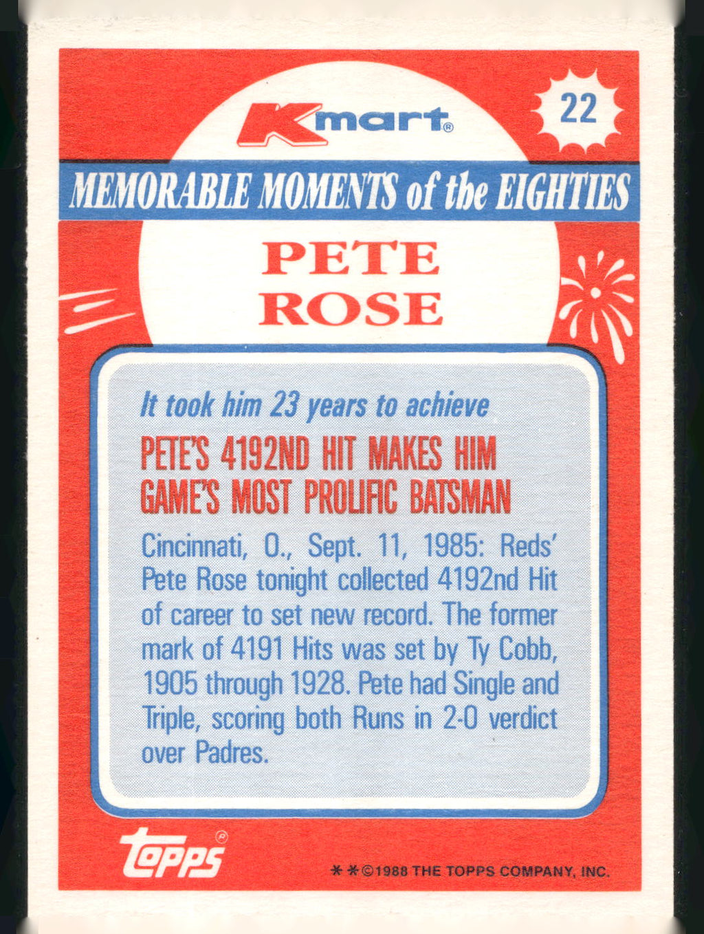 1988 Topps Kmart Memorable Moments #22 Pete Rose