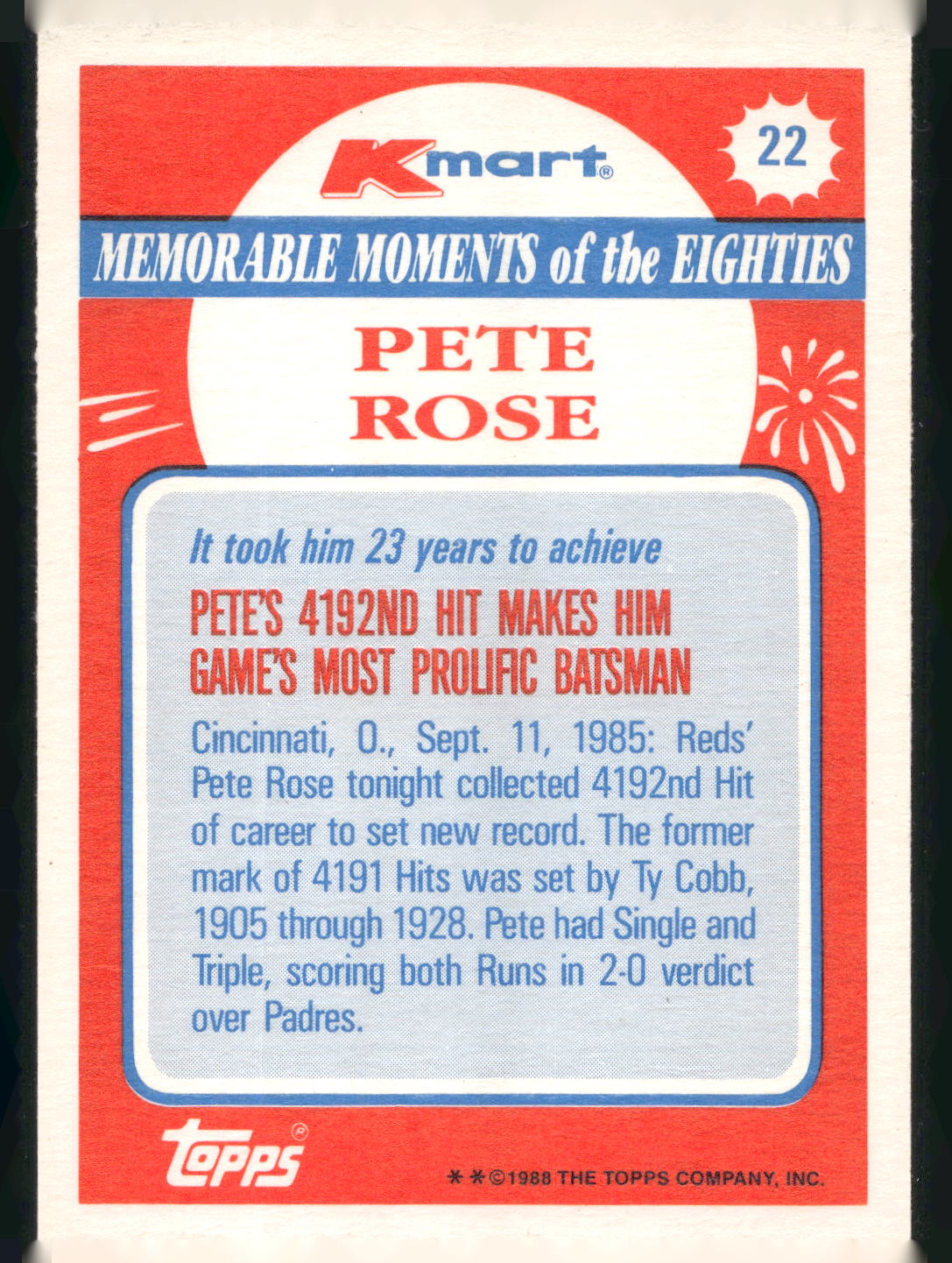 1988 Topps Kmart Memorable Moments #22 Pete Rose