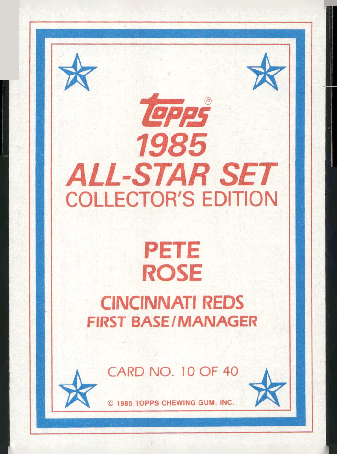 1985 Topps #10 Pete Rose 1985 All-Star Set Collector's Edition (Glossy Send-Ins)