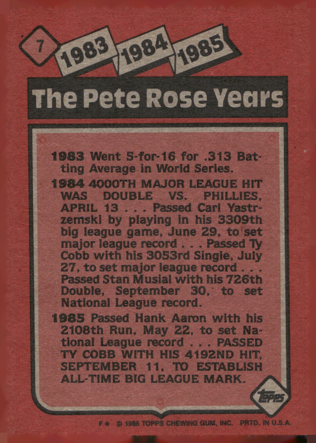 1986 Topps #7 The Pete Rose Years: 1983-1985 TPRY