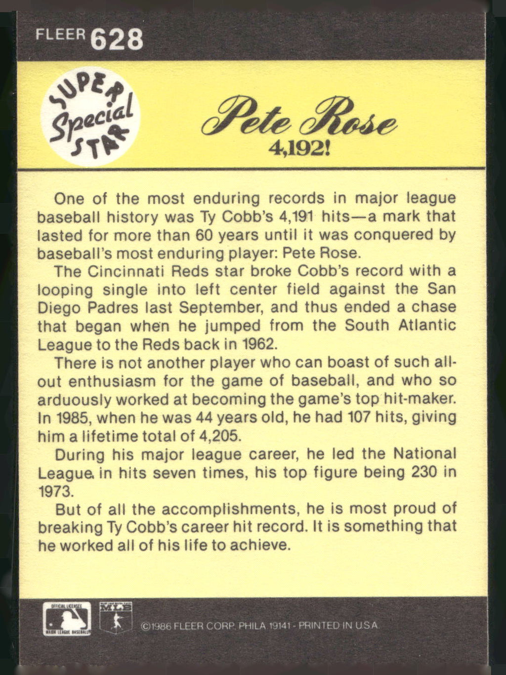 1986 Fleer #628 Pete Rose: 4192!