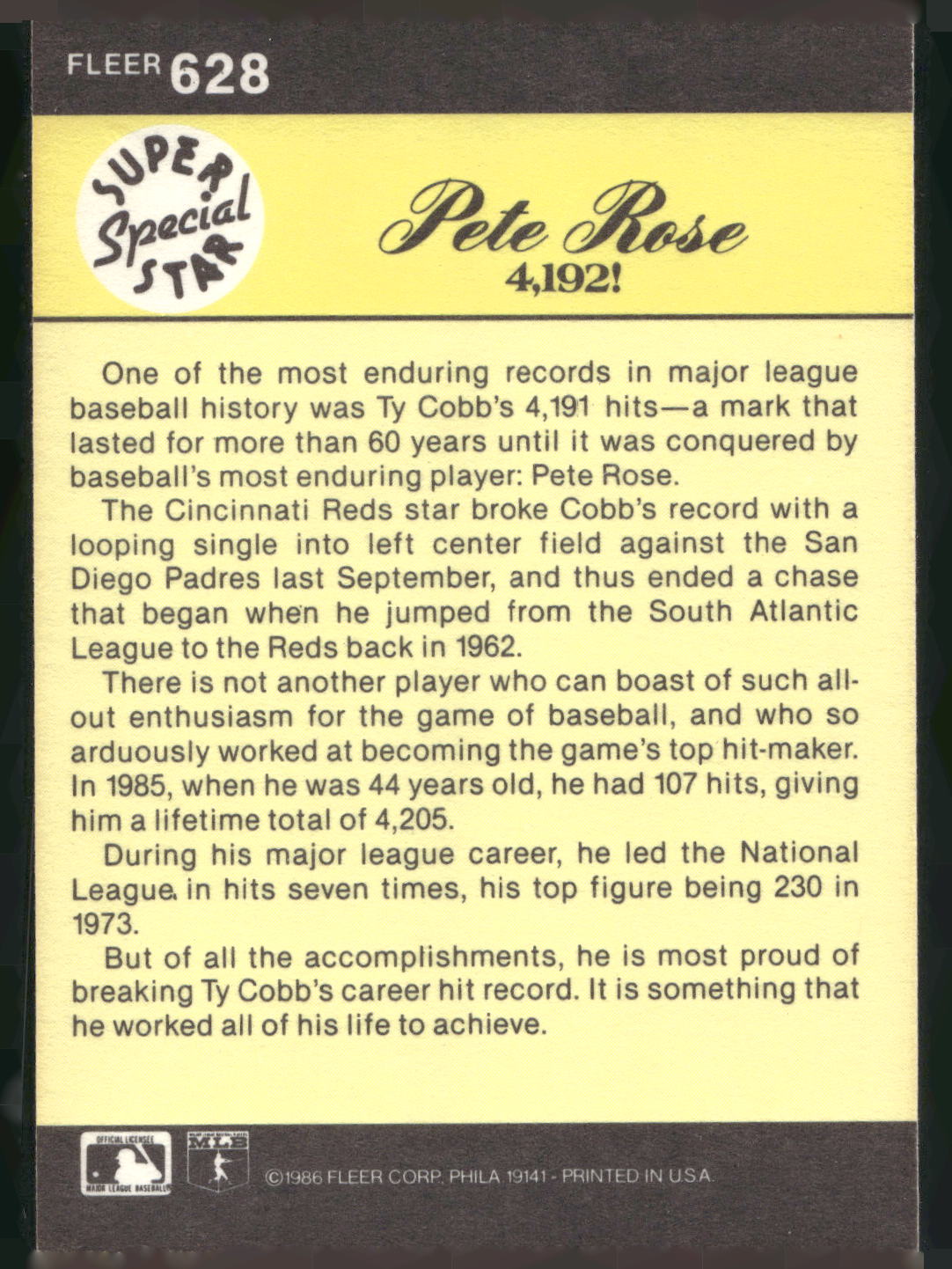 1986 Fleer #628 Pete Rose: 4192!