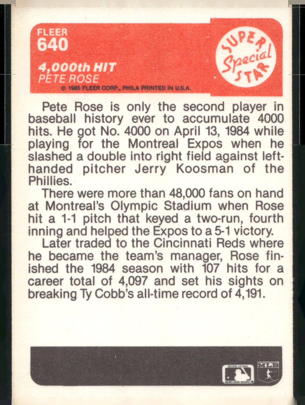 1985 Fleer #640 4,000th Hit (Pete Rose)