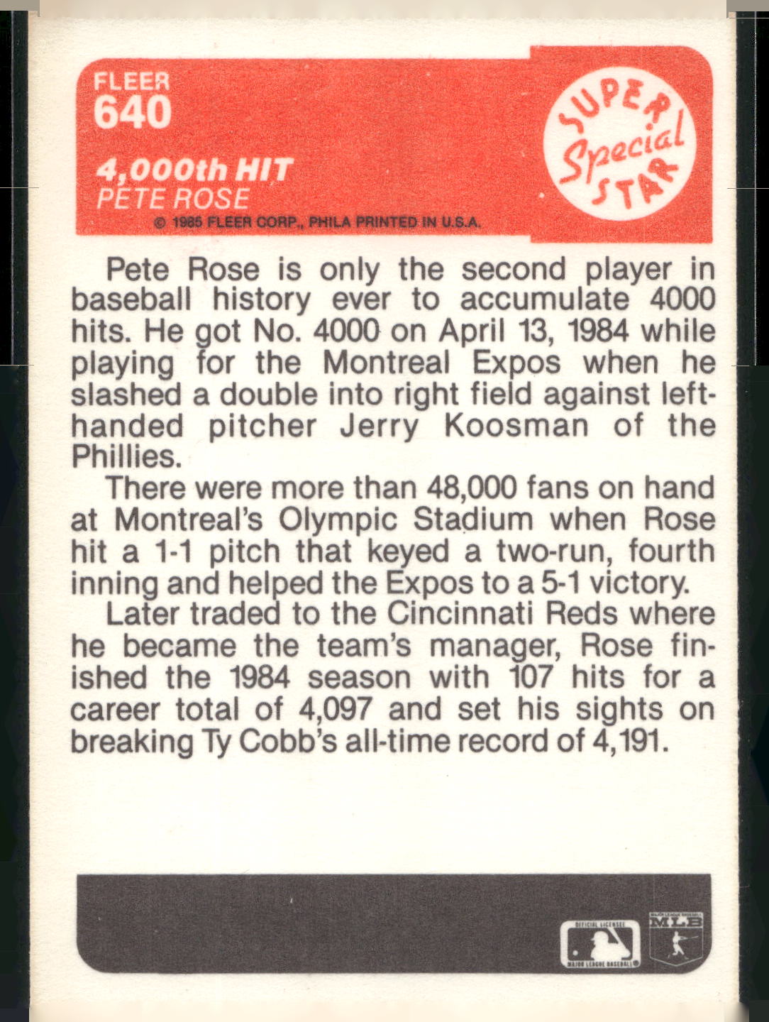 1985 Fleer #640 4,000th Hit (Pete Rose)