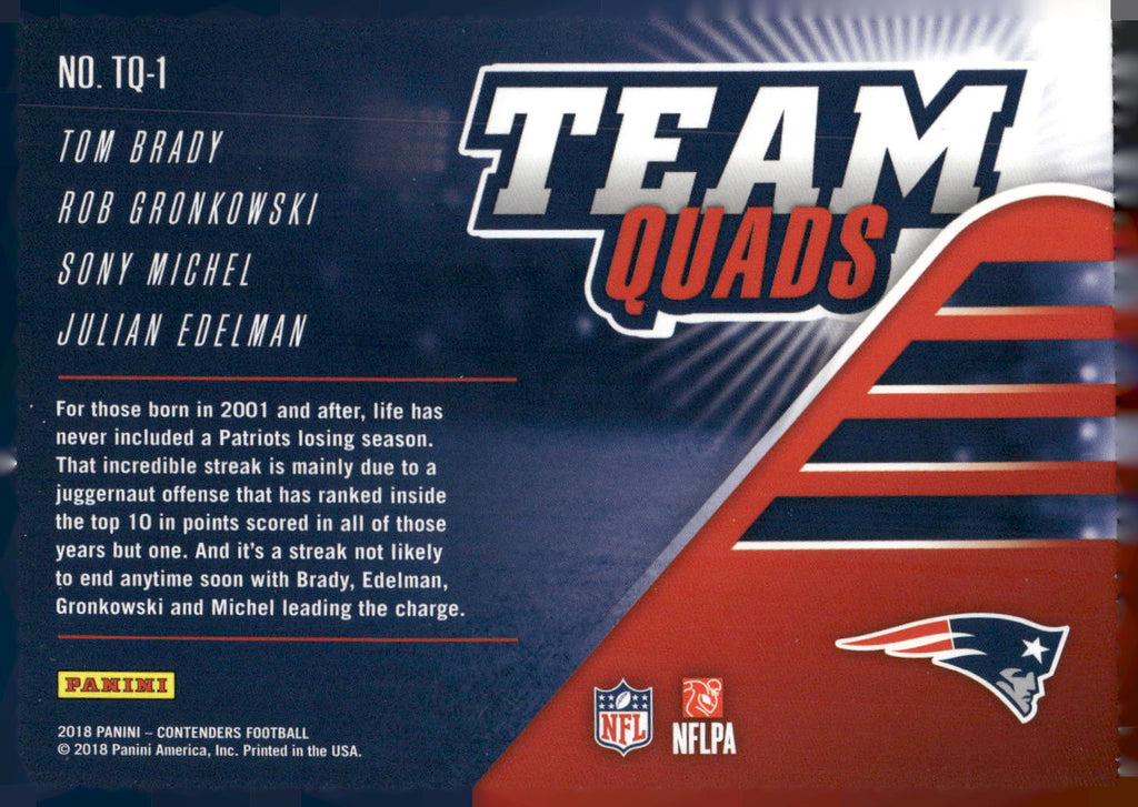 2018 Panini Contenders #TQ-1 Tom Brady Edelman Gronkowski Michel Team Quads