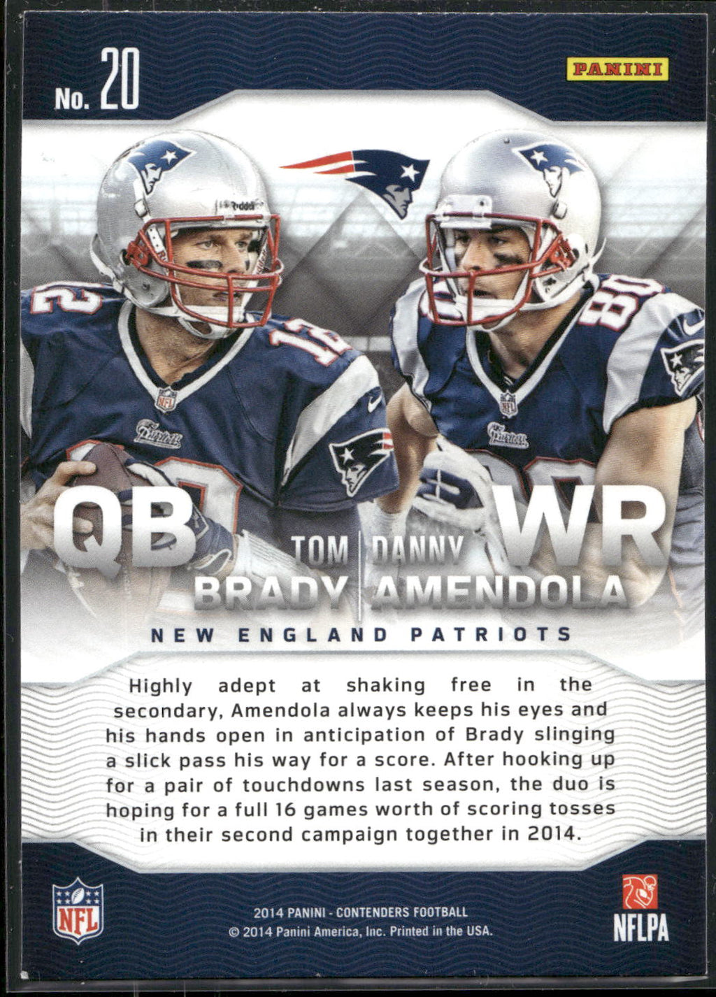 2014 Panini Contenders #20 Tom Brady / Danny Amendola Touchdown Tandems