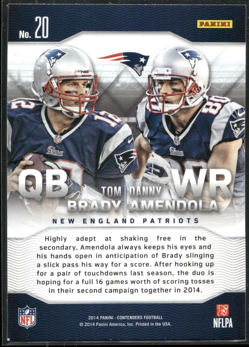 2014 Panini Contenders #20 Tom Brady / Danny Amendola Touchdown Tandems