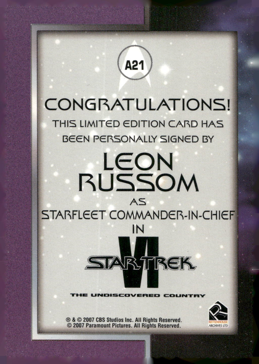 2007 Rittenhouse The Complete Star Trek Movies #A21 Leon Russom Autograph Series