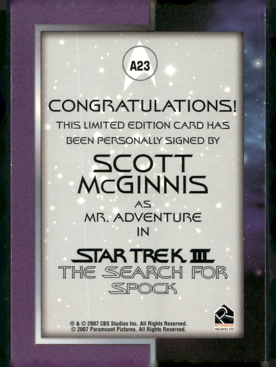 2007 Rittenhouse The Complete Star Trek Movies #A23 Scott McGinnis Autograph