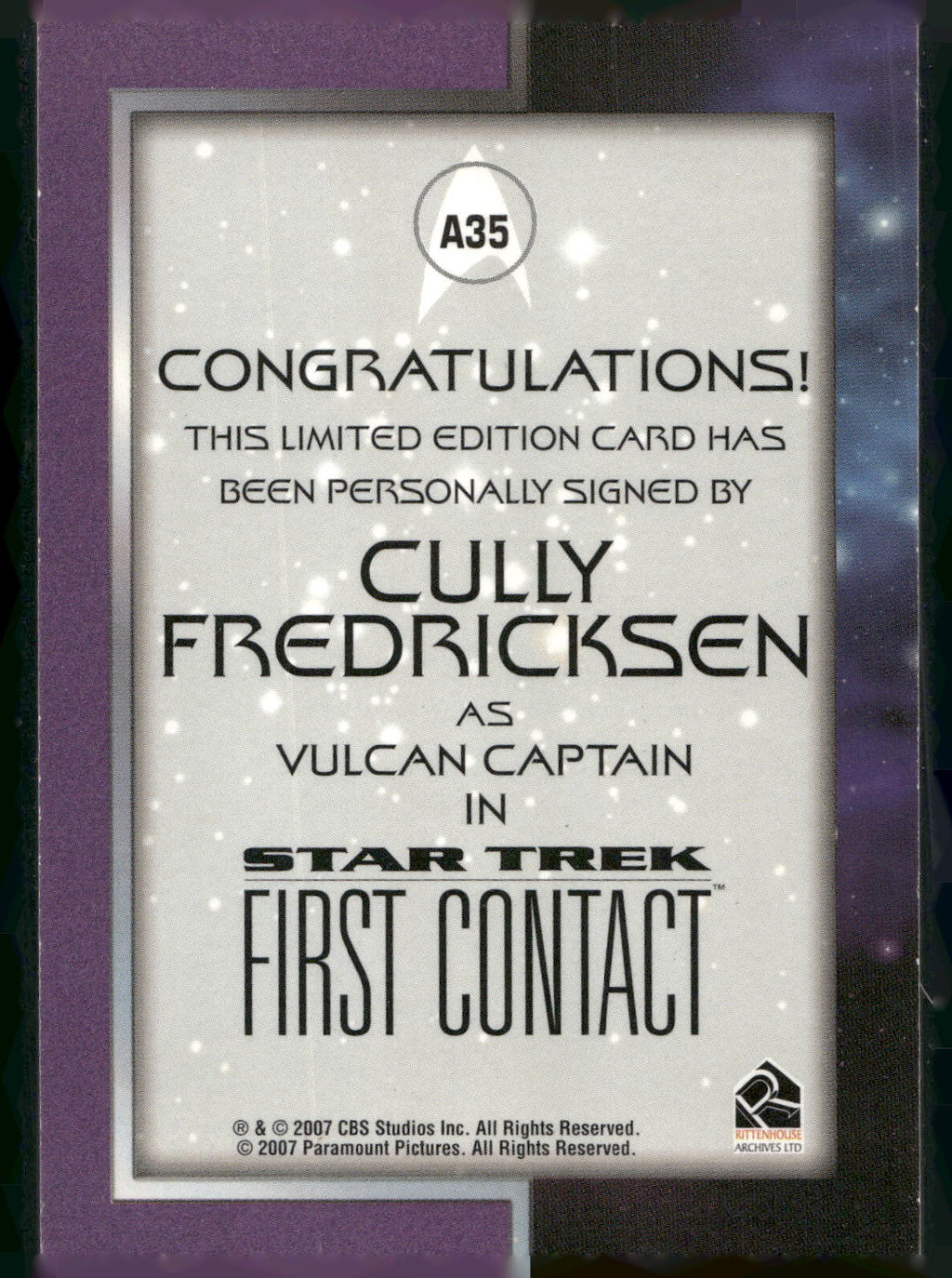 2007 Rittenhouse The Complete Star Trek Movies #A35 Cully Fredricksen Auto