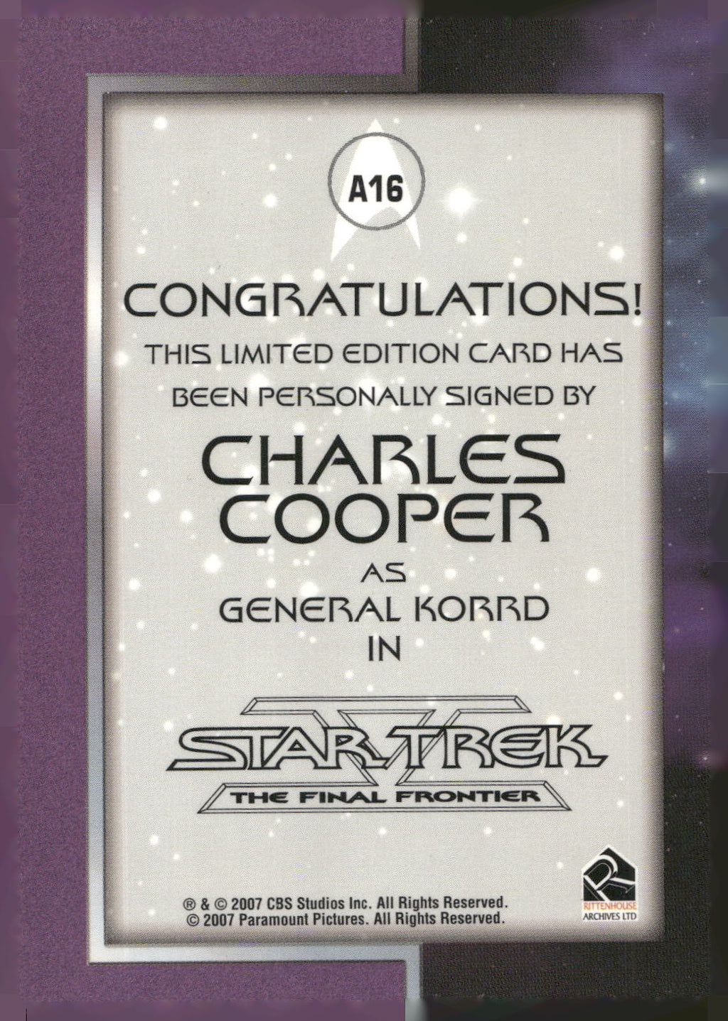 2007 Rittenhouse The Complete Star Trek Movies #A16 Charles Cooper Auto