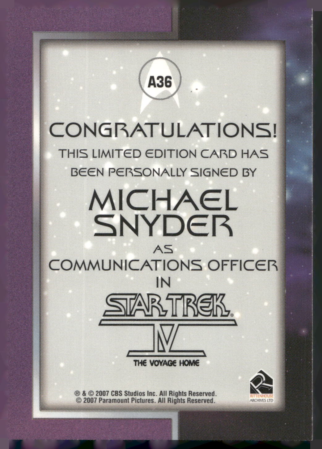 2007 Rittenhouse The Complete Star Trek Movies #A36 Michael Snyder Autograph