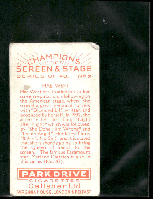 1934 Gallaher Park Drive Champions of Screen & Stage #2 Mae West